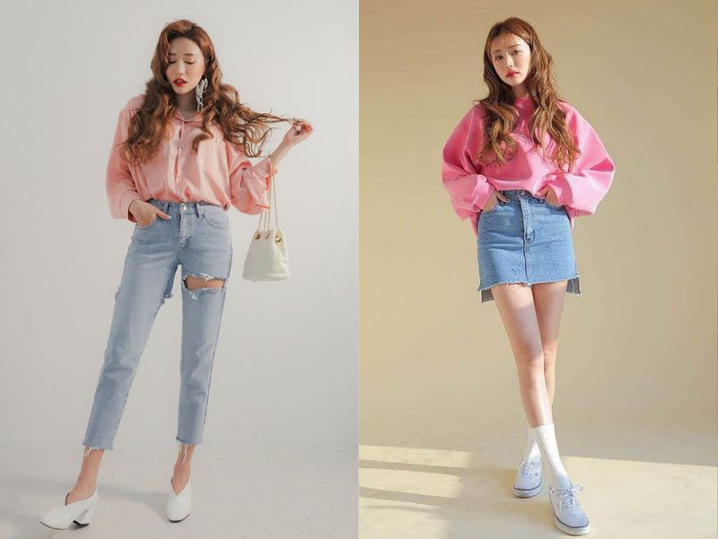 Đồ jeans xanh dương có thể mặc cùng với áo sơ mi hoặc áo thun hồng (Nguồn: Xưởng May Atlan/ Gạo House)