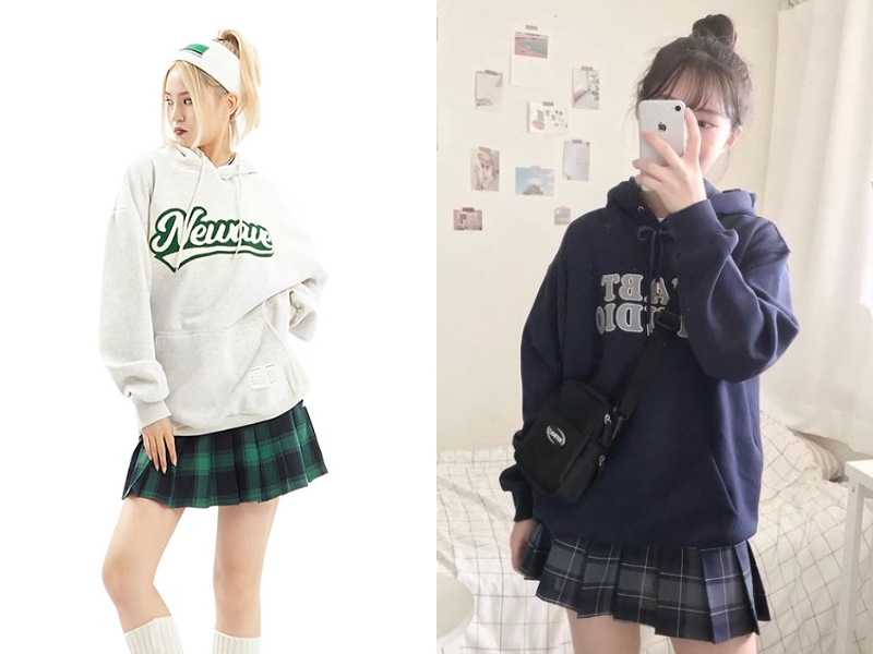 Chân váy kẻ caro mix áo hoodie năng động, cá tính. (Nguồn: Shopee Blog)