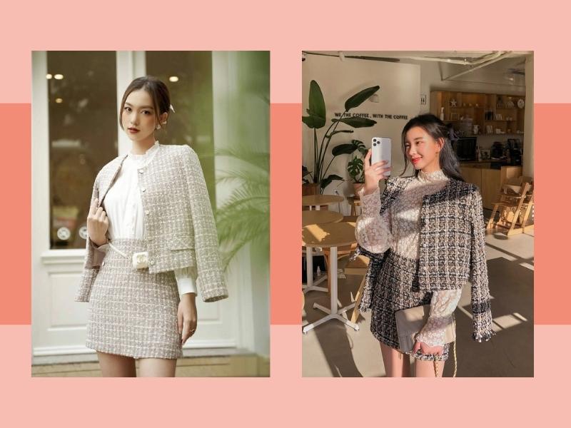 Set áo váy dạ tweed tạo nên một outfit sang trọng và đậm chất tiểu thư