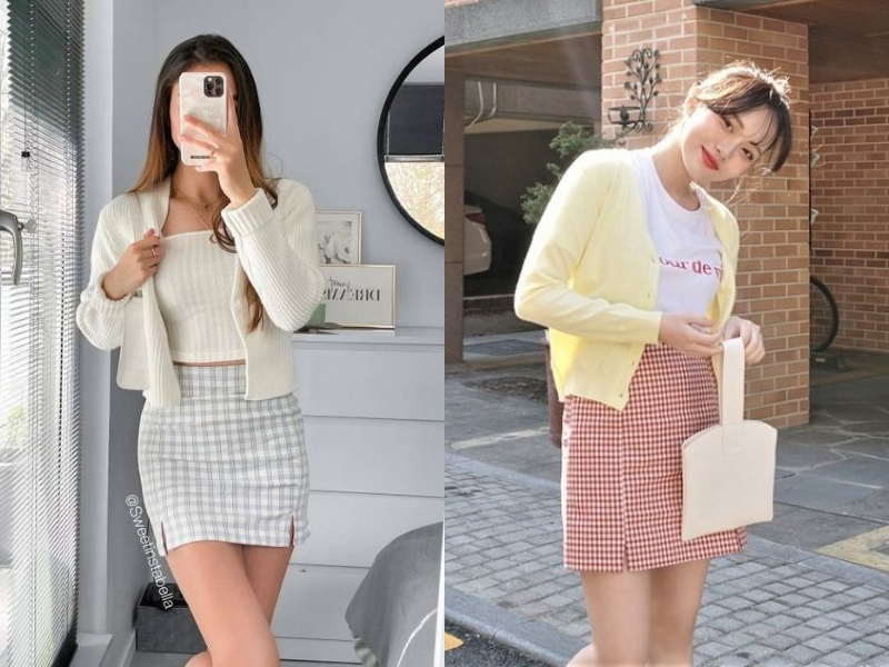 Chân váy caro phối với áo cardigan dáng ngắn sẽ giúp hack chiều cao của bạn (Nguồn: Shopee Blog)